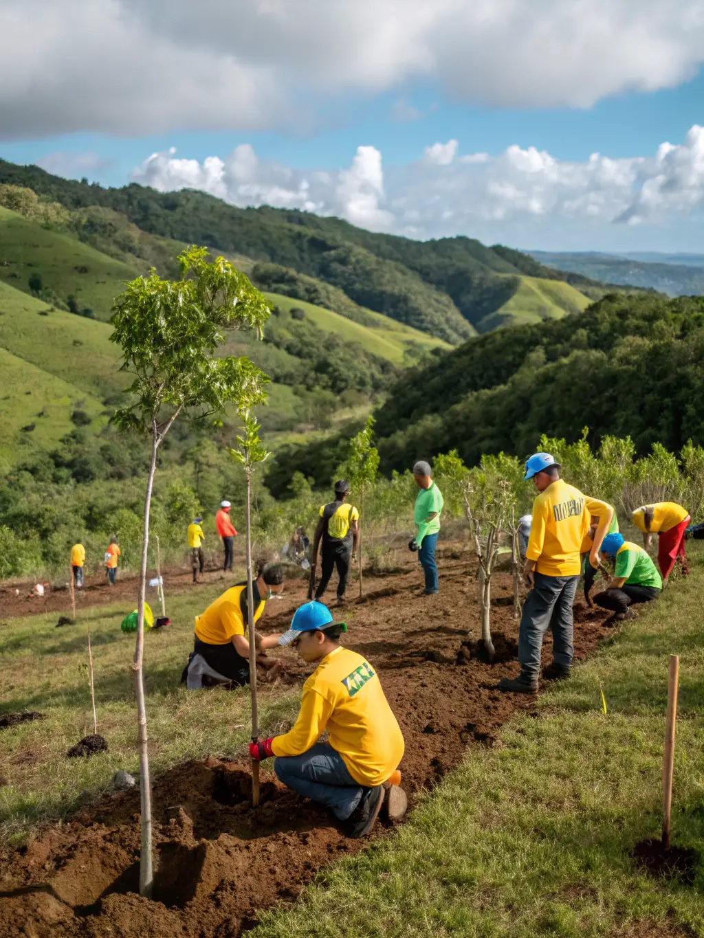 An image showcasing environmental conservation, such as a lush forest, a clean energy source, or people working on a conservation project.